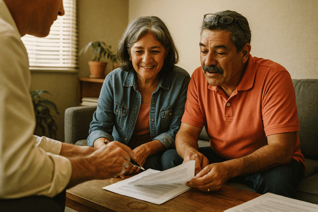 Family consultation with lawyer discussing legal documents, estate planning or family law issues, showcasing attentive legal advice and consultation for families.