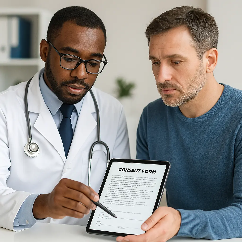 A surgeon and patient carefully reviewing a digital consent form together, ensuring all risks and details are understood.