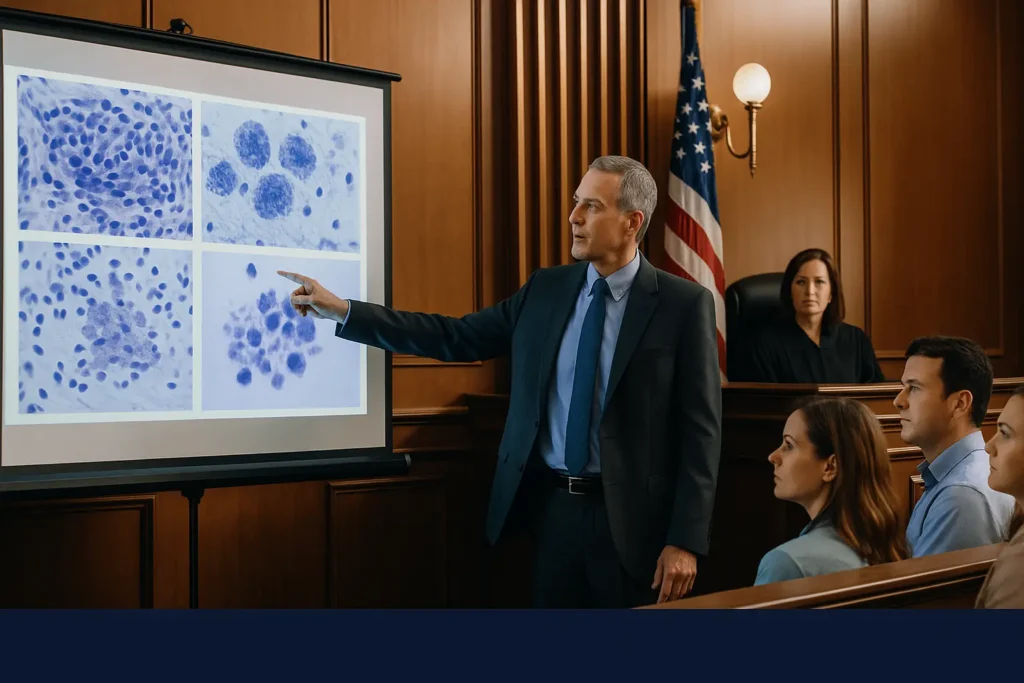 Expert witness in dark suit pointing at projection screen displaying medical microscopy images of cell samples in courtroom, with judge at bench and jury members seated, American flag visible in wood-paneled courtroom during medical malpractice trial testimony