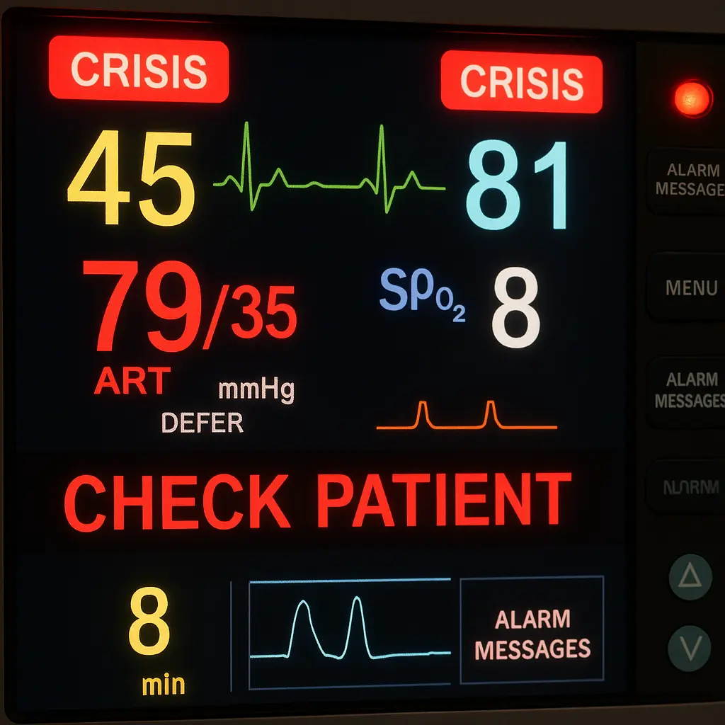 Close up of vital signs monitor displaying critical alerts with red warning lights