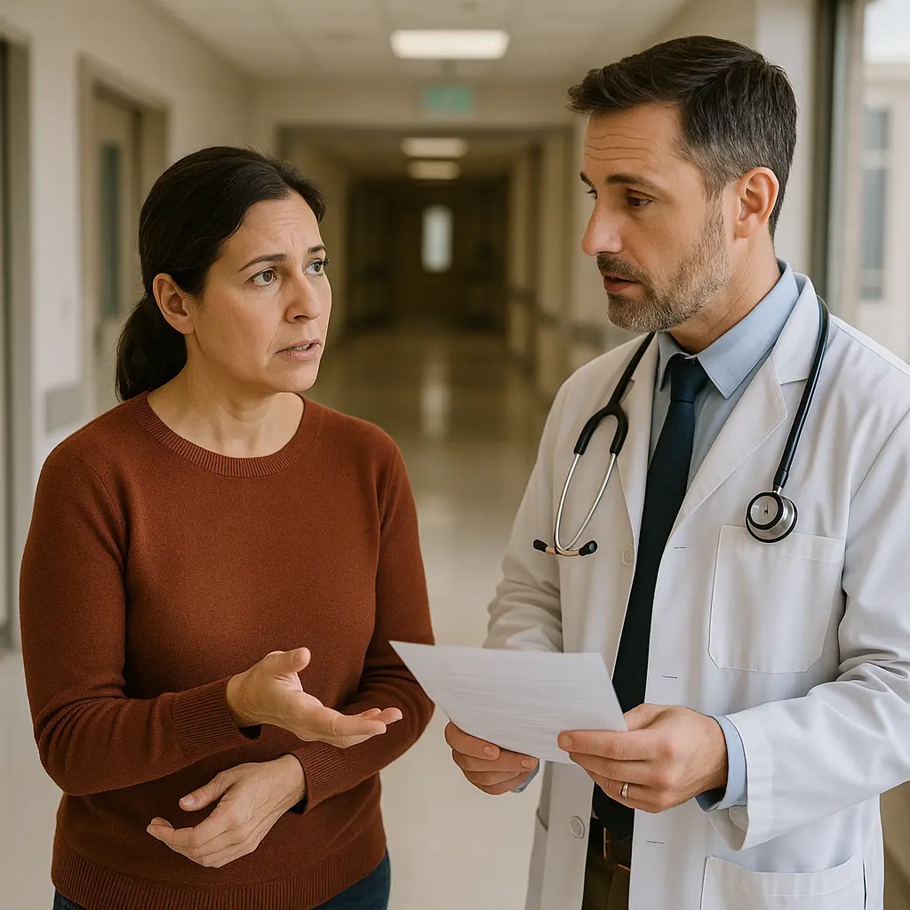 A concerned family member talking to the doctor in a hospital hallway after surgery, making sure they understand all the care instructions before taking their loved one home.