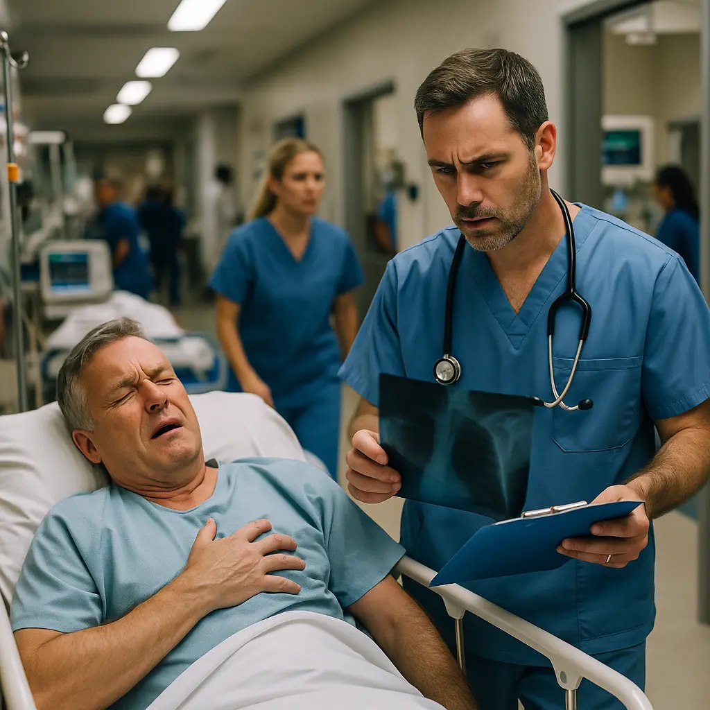 Emergency room doctor in blue scrubs reviewing X-ray while examining male patient experiencing chest pain in hospital bed, with medical staff and equipment visible in busy ER background