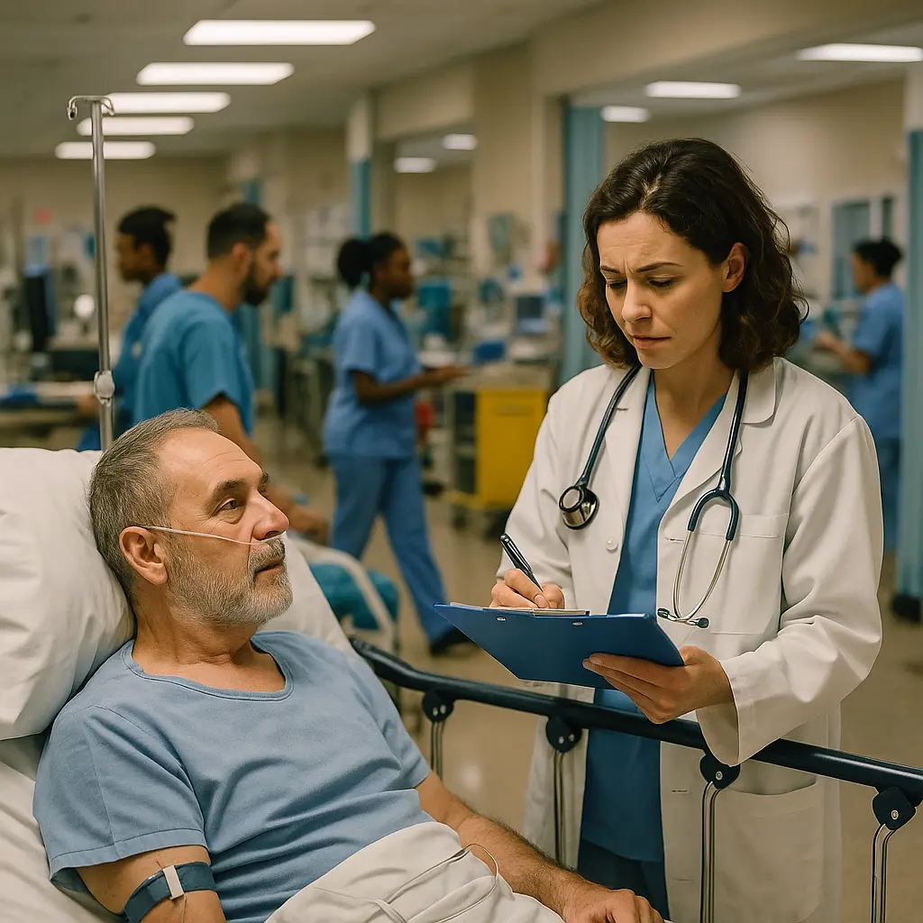 Emergency room doctor in blue scrubs reviewing X-ray while examining male patient experiencing chest pain in hospital bed, with medical staff and equipment visible in busy ER background