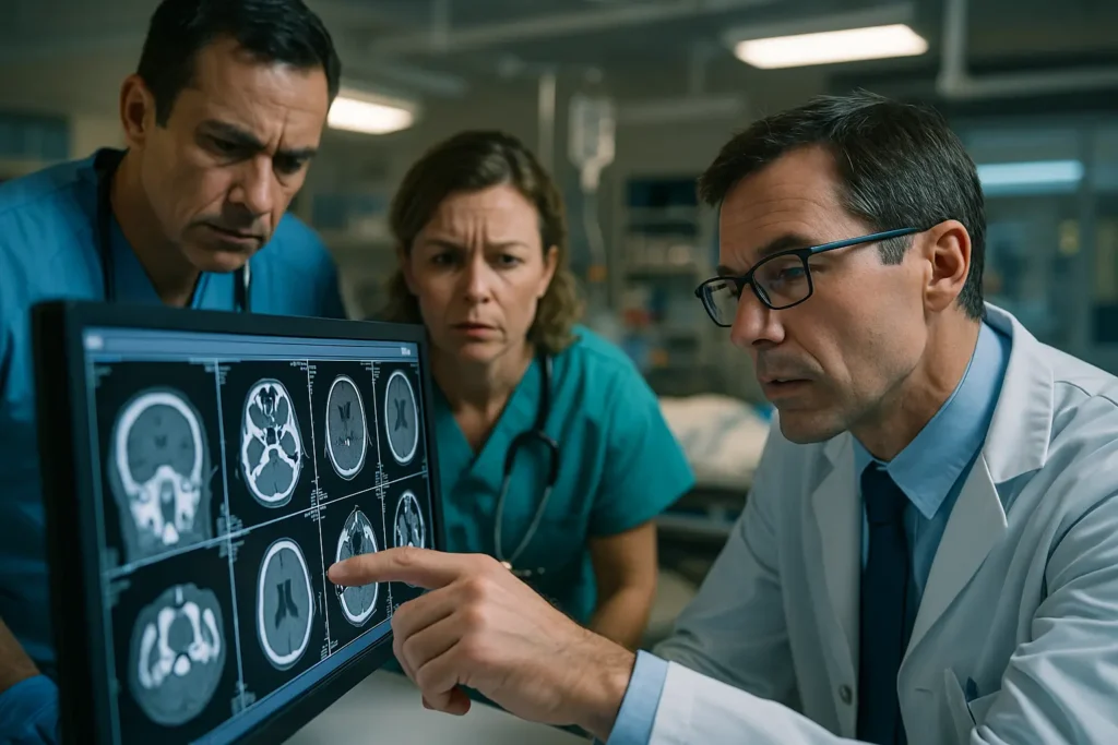 Emergency physicians and a radiologist confer over CT images during a trauma case, emphasizing the importance of timely, accurate image interpretation