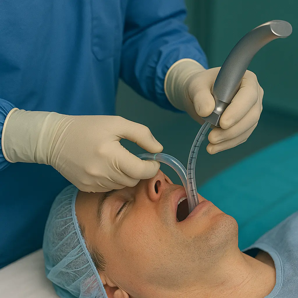 Medical professional performing endotracheal intubation on patient using laryngoscope and endotracheal tube, wearing latex gloves and blue surgical attire