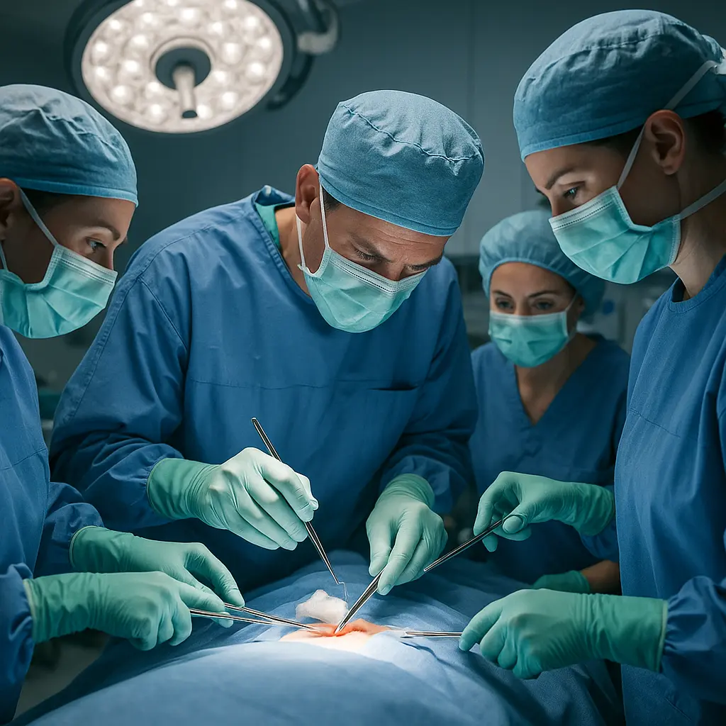 A surgical team in an operating room, focused intently on the patient every sponge, needle, and instrument accounted for exemplifying the standard of meticulous care that prevents these "never events.
