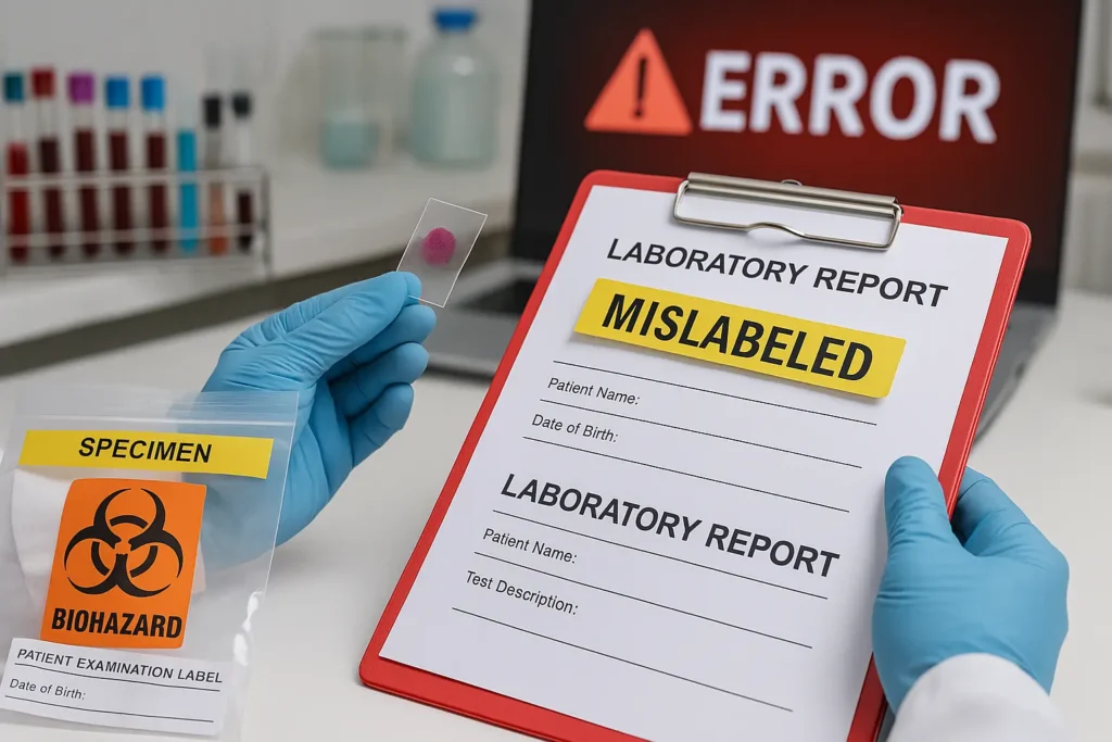 Laboratory technician in blue gloves holding blood specimen slide and clipboard with laboratory report marked 'MISLABELED' in yellow, with biohazard specimen bag visible and ERROR warning on computer screen in background, depicting laboratory testing error