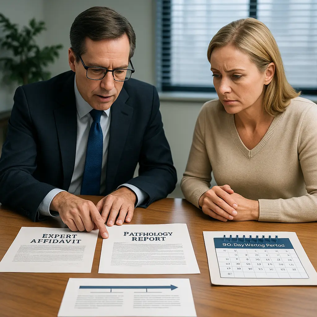 Attorney in dark suit and glasses reviewing legal documents with female client in beige sweater at conference table, with Expert Affidavit and Pathology Report visible, along with 90-Day Waiting Period calendar, in professional office setting with window blinds