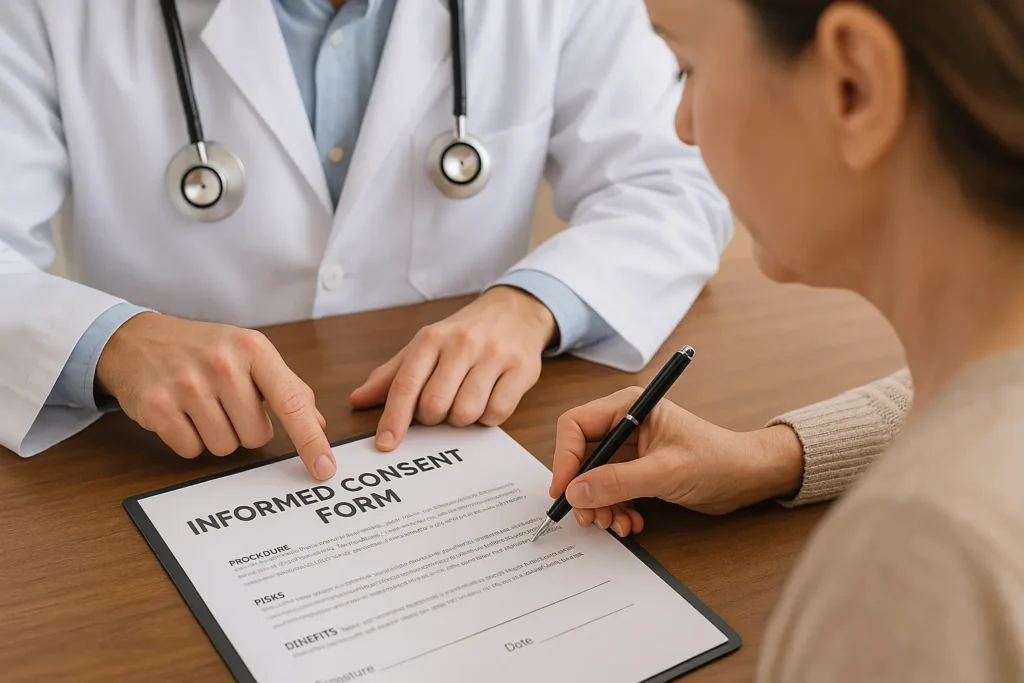 A patient reviews and signs an informed consent form under a doctor's guidance. In Florida, informed consent is more than a signed form it's a process of understanding the procedure, risks, benefits, and alternatives before agreeing to treatment.