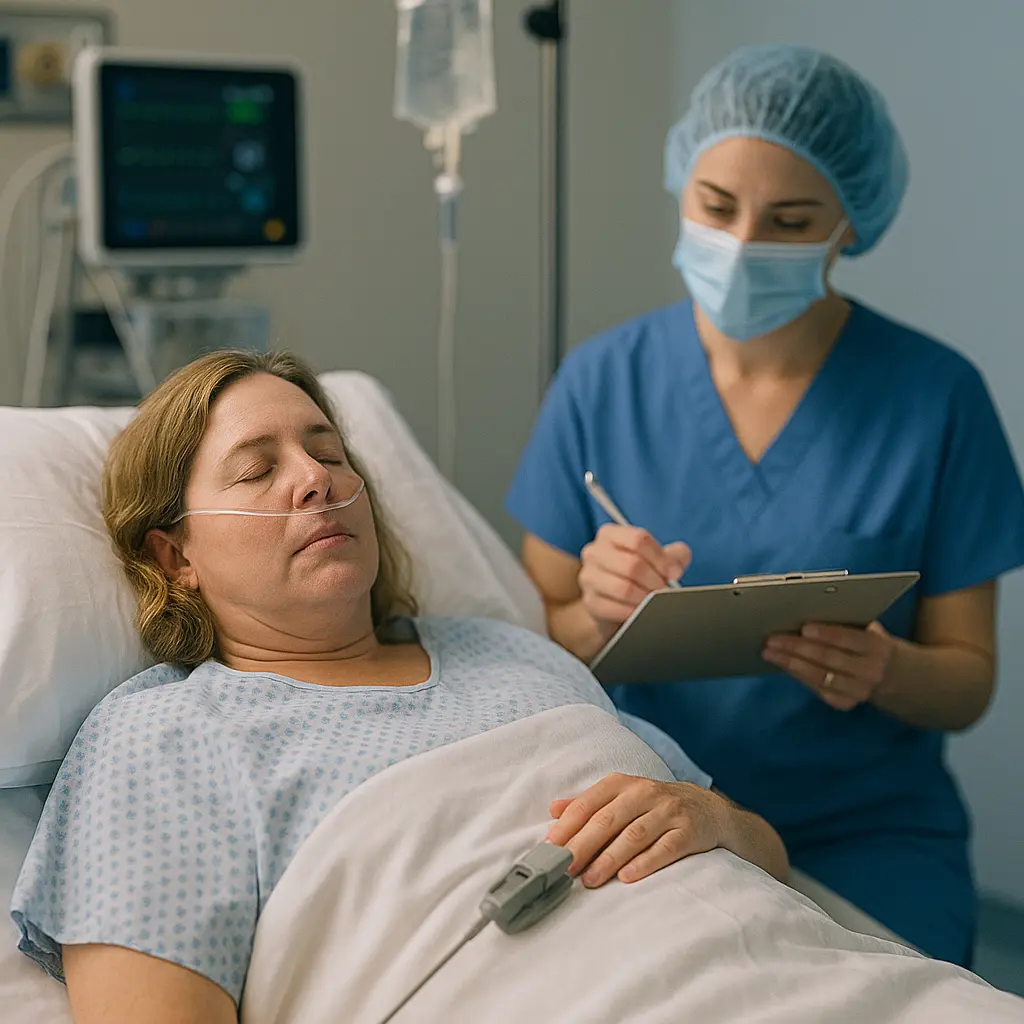 Female patient with nasal oxygen tube resting in hospital bed while nurse in blue scrubs and surgical cap takes notes on clipboard, with IV drip and monitoring equipment visible in background