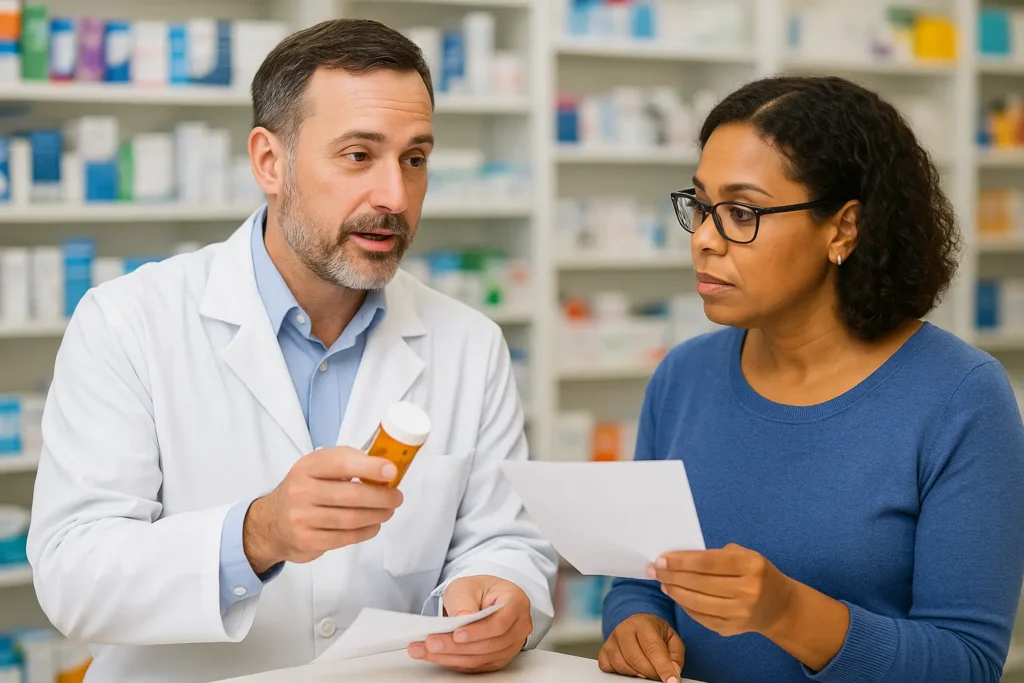 Male pharmacist in white coat holding prescription bottle while consulting with female customer in blue sweater holding prescription paper in pharmacy with medication shelves in background
