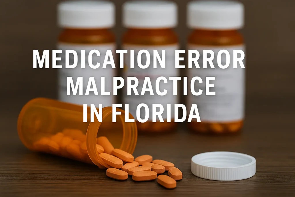 Orange prescription pills spilling from tipped over medication bottle with three more prescription bottles in background and text overlay reading 'MEDICATION ERROR MALPRACTICE IN FLORIDA