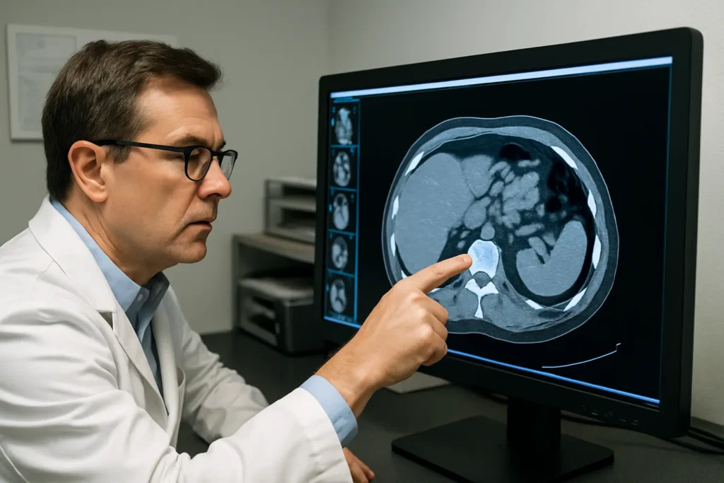 A radiologist points at a cross sectional scan on the monitor, carefully checking for abnormalities in the image