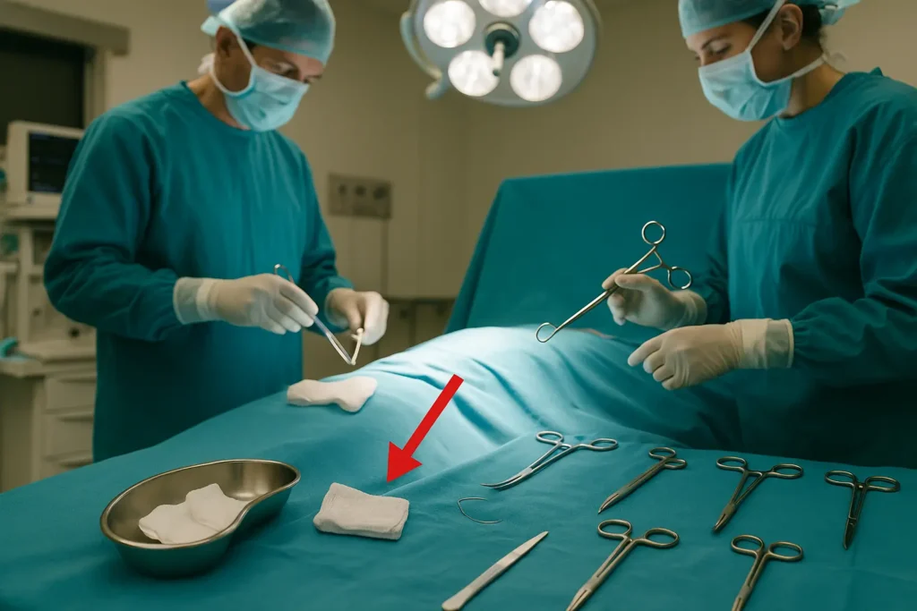 Operating room scene with two surgeons in blue scrubs performing surgery, with surgical instruments laid out on sterile drape including forceps, scissors, and clamps, with red arrow pointing to surgical gauze sponges in metal basin, and surgical lights overhead