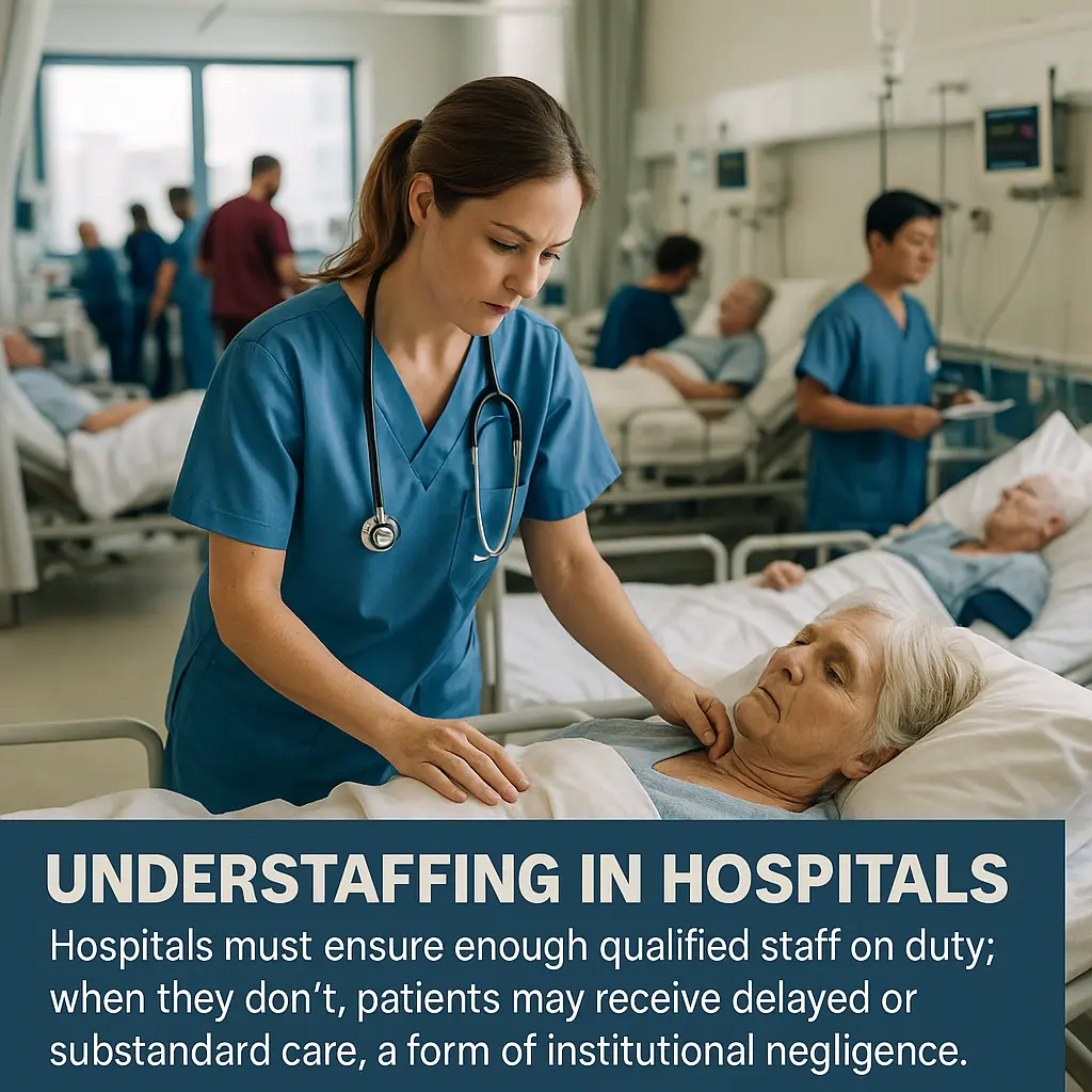 Nurse in blue scrubs with stethoscope comforting elderly female patient in crowded hospital ward with multiple occupied beds, other medical staff attending to patients, and text overlay about understaffing in hospitals and institutional negligence