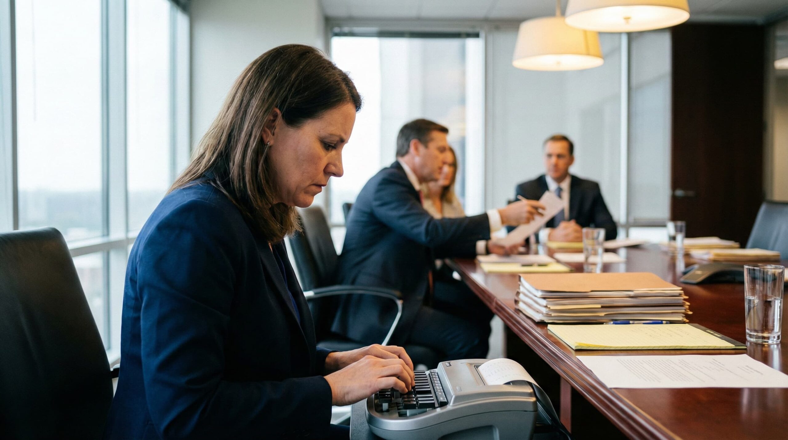 Court reporter recording a medical malpractice deposition conducted by the Law Offices of Jorge L. Flores, P.A.