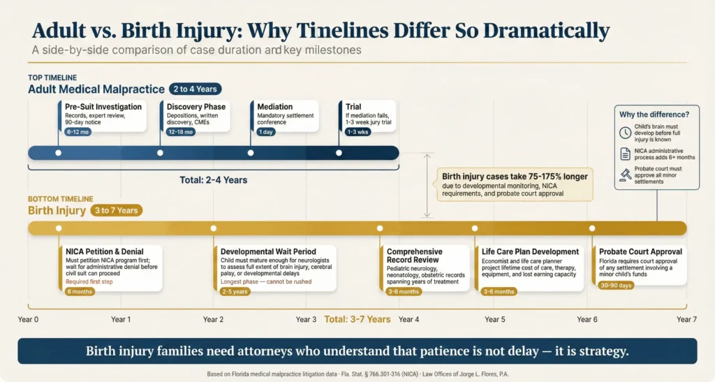 Side by side comparison chart showing the differences between adult medical malpractice and birth injury malpractice timelines in Florida; adult cases take 2 to 4 years with standard pre suit requirements while birth injury cases take 3 to 7 years due to NICA proceedings, developmental waiting periods, 5,000 plus pages of fetal monitoring records, multi decade life care plans, and mandatory probate approval; Law Offices of Jorge L. Flores, P.A.