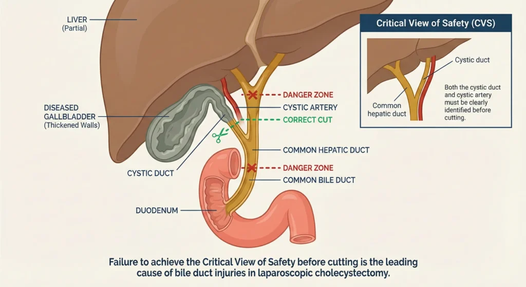Anatomical diagram showing the gallbladder, cystic duct, common bile duct, and common hepatic duct, illustrating how a surgeon can negligently misidentify and sever the wrong duct during a laparoscopic cholecystectomy