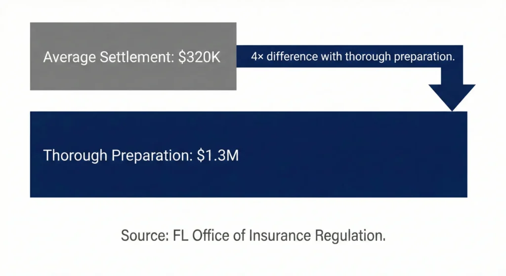 Chart comparing the average practitioner level medical malpractice payout of $320,217 against the average across all paid claims of $1,308,100; illustrating how thorough case preparation and claim maturation through full discovery produces significantly higher compensation; data from the Florida Office of Insurance Regulation and the National Practitioner Data Bank; Law Offices of Jorge L. Flores, P.A.