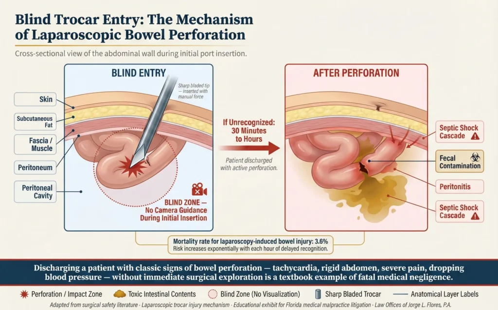 Diagram showing how a sharp bladed trocar is inserted blindly through the abdominal wall during laparoscopic surgery, illustrating the proximity of the bowel and the mechanism by which a perforation occurs