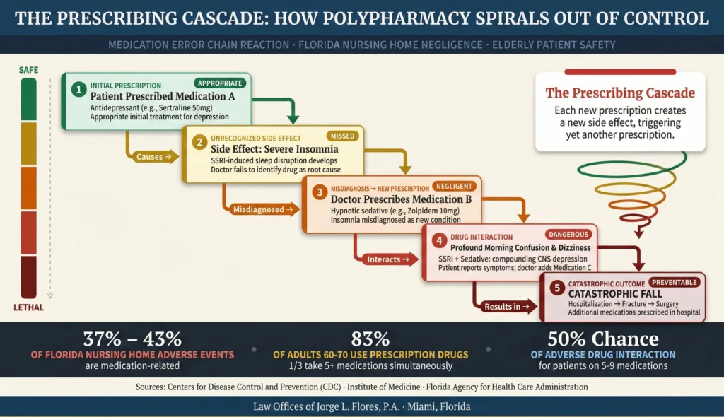 Diagram illustrating the prescribing cascade in polypharmacy; showing how an initial medication side effect is misdiagnosed as a new condition, leading to a second prescription that interacts with the first to cause catastrophic harm such as falls, delirium, or organ failure in elderly patients; Law Offices of Jorge L. Flores, P.A.