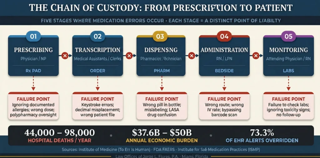 Flowchart showing the five stages of the medication chain of custody from prescription to patient; prescribing by the physician, transcription into the EHR, dispensing by the pharmacy, administration by the nurse, and monitoring by the care team; with error types and liability points at each stage; Law Offices of Jorge L. Flores, P.A.