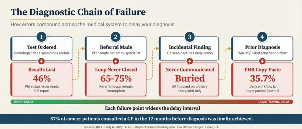 Flowchart illustrating the diagnostic chain of failure showing how lost test results, broken referral loops, incidental findings ignored, and EHR copy paste errors compound across multiple providers to cause a catastrophic diagnostic delay; Law Offices of Jorge L. Flores, P.A.