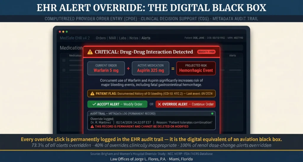 Screenshot of an Electronic Health Record alert override screen showing a critical drug interaction warning being dismissed by the physician; illustrating the alert fatigue phenomenon where 73 percent of medication safety alerts are overridden; Law Offices of Jorge L. Flores, P.A.