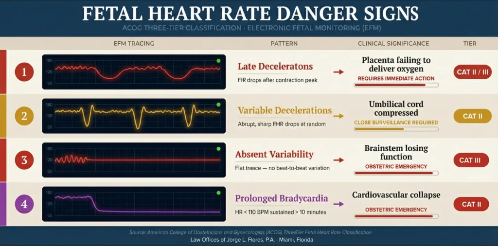 Illustrated chart showing the three categories of fetal heart rate tracings defined by the American College of Obstetricians and Gynecologists; Category I normal, Category II indeterminate requiring surveillance, and Category III abnormal requiring immediate delivery; with examples of late decelerations, variable decelerations, absent variability, and prolonged bradycardia; Law Offices of Jorge L. Flores, P.A.