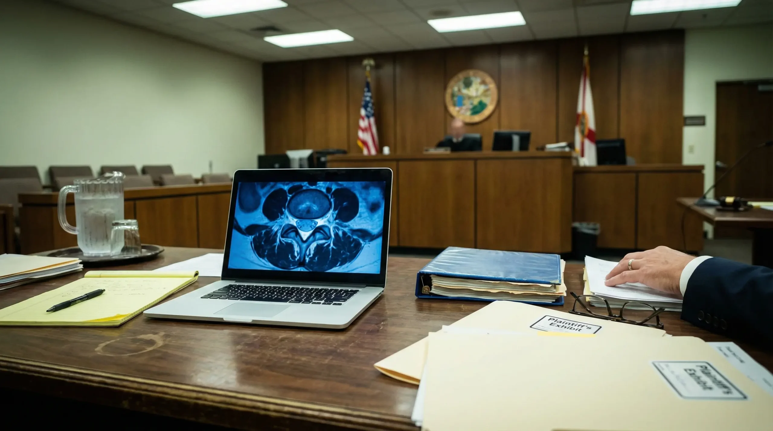 Plaintiff's trial preparation table in a Florida medical malpractice courtroom, representing the Law Offices of Jorge L. Flores, P.A.