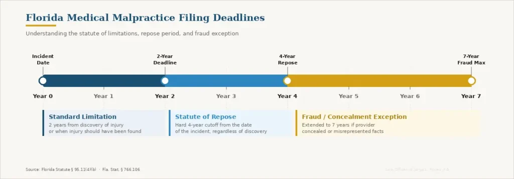 Florida medical malpractice statute of limitations timeline showing 2 year standard limitation, 4 year absolute repose, and 7 year fraud exception deadlines measured from the date of the incident
