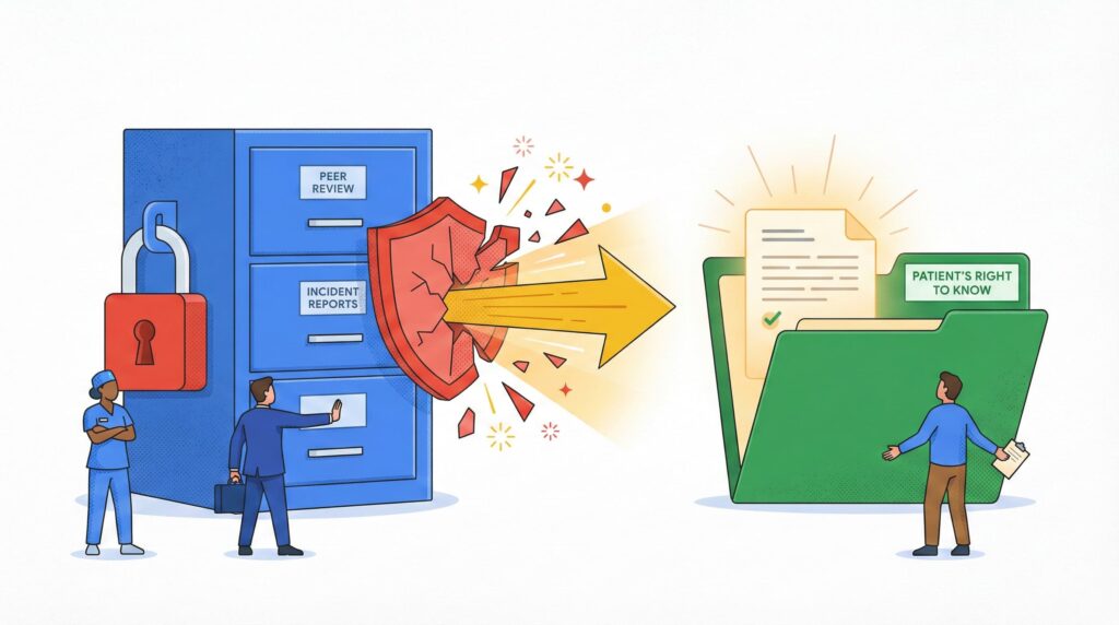 Infographic illustrating Florida Amendment 7 and the patient's constitutional right to access adverse incident records.