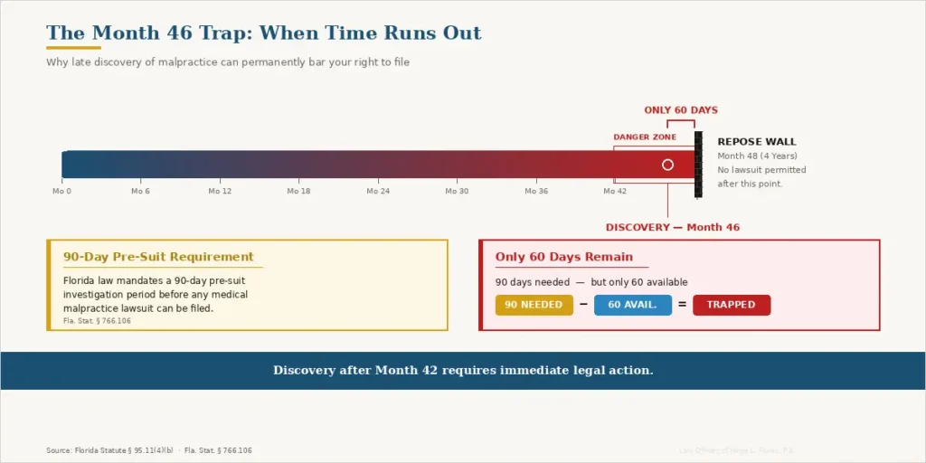 Month 46 mathematical trap diagram showing how the 90 day mandatory pre suit requirement collides with the 48 month repose wall leaving zero viable filing time