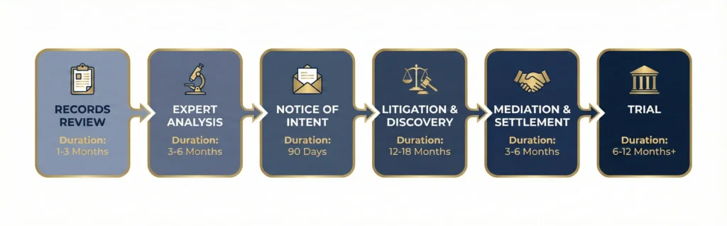 Timeline infographic showing the three phases of the mandatory pre suit investigation process in Florida medical malpractice cases; medical record procurement at 30 to 180 days, expert witness recruitment and review at 60 to 120 days, and the 90 day statutory investigation period; totaling 6 to 12 months before a lawsuit can be filed; Law Offices of Jorge L. Flores, P.A.