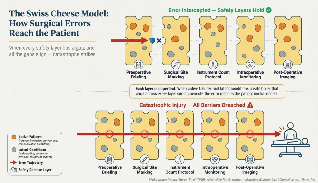 Diagram illustrating James Reason's Swiss Cheese Model of surgical errors, showing how multiple layers of hospital safety defenses each contain holes representing active failures and latent conditions, and how those holes can align to allow a catastrophic error to reach the patient