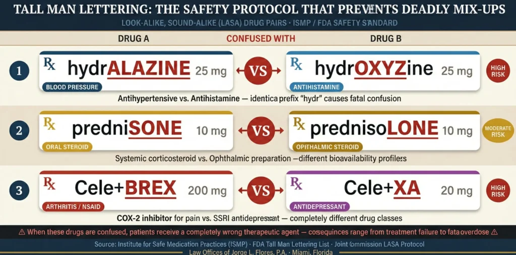 Example of Tall Man Lettering used to prevent look alike sound alike drug confusion; showing hydrALAZINE versus hydrOXYzine and other commonly confused drug pairs with uppercase bolded differentiating letters; Law Offices of Jorge L. Flores, P.A.