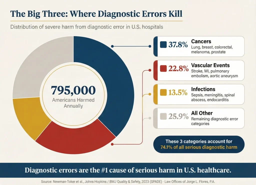 Infographic showing the Big Three categories of diagnostic errors that cause death and permanent disability; cancers at 37.8 percent, vascular events at 22.8 percent, and infections at 13.5 percent; with examples of commonly missed conditions in each category and the cognitive biases that drive the failures; Law Offices of Jorge L. Flores, P.A.