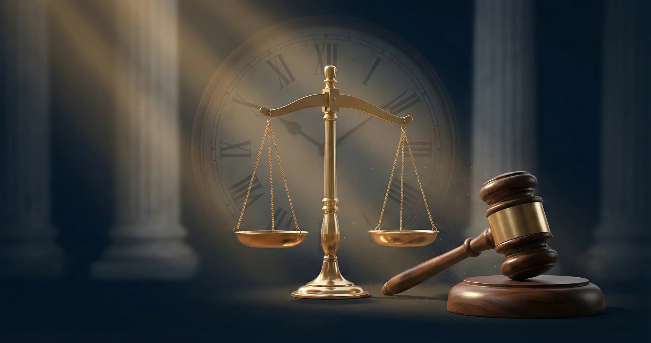 A dramatically lit scene featuring perfectly balanced golden scales of justice and a wooden gavel resting on a sound block. In the background, a semi-transparent analog clock face and blurred classical columns fade into the shadows.
