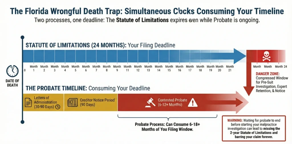 Timeline showing how hospital surveillance footage, EHR audit trails, and autopsy opportunities degrade during the first 90 days after a patient death