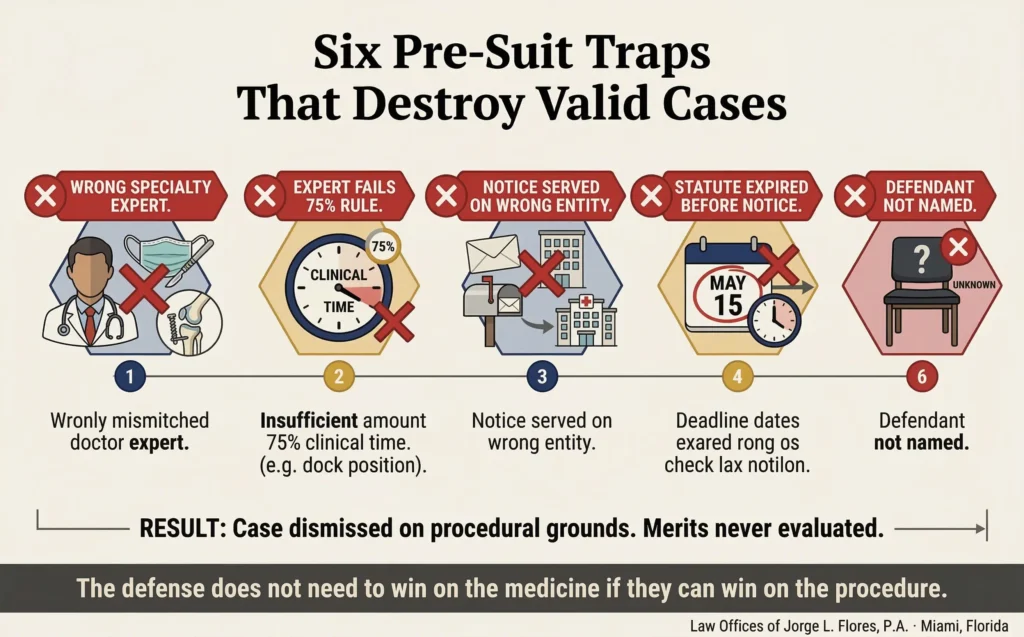  Illustrated infographic showing the six procedural traps in the Florida medical malpractice pre-suit process that can cause dismissal of an otherwise valid case; wrong specialty expert, expert not meeting the 75 percent clinical practice rule, Notice served on the wrong entity, statute expiring before Notice is served, insufficient affidavit content, and failure to name all defendants; each trap illustrated with a red X marker; Law Offices of Jorge L. Flores, P.A., Miami, Florida.