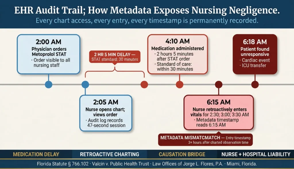 Infographic showing how Electronic Health Record audit trail metadata exposes nursing negligence by documenting exact timestamps of chart access, medication administration delays, and retroactive charting fraud in Florida nursing malpractice cases; Law Offices of Jorge L. Flores, P.A., Miami.