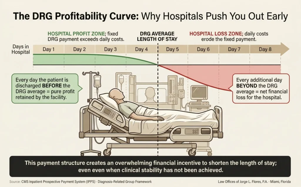 Infographic illustrating how the DRG flat rate reimbursement system creates a profitability curve that incentivizes hospitals to discharge patients before the average length of stay; showing that every day a patient remains beyond the DRG expectation represents a net financial loss to the facility while early discharge converts into pure profit; Law Offices of Jorge L. Flores, P.A., Miami, Florida.