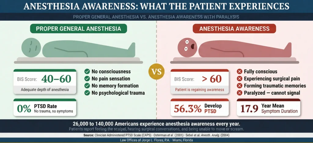 Illustrated diagram showing the stages of anesthesia awareness during surgery; the patient is chemically paralyzed and unable to move or speak while experiencing pain, sound, and pressure; with clinical data showing 56.3 percent of awareness patients develop PTSD lasting an average of 17.9 years; Law Offices of Jorge L. Flores, P.A.
