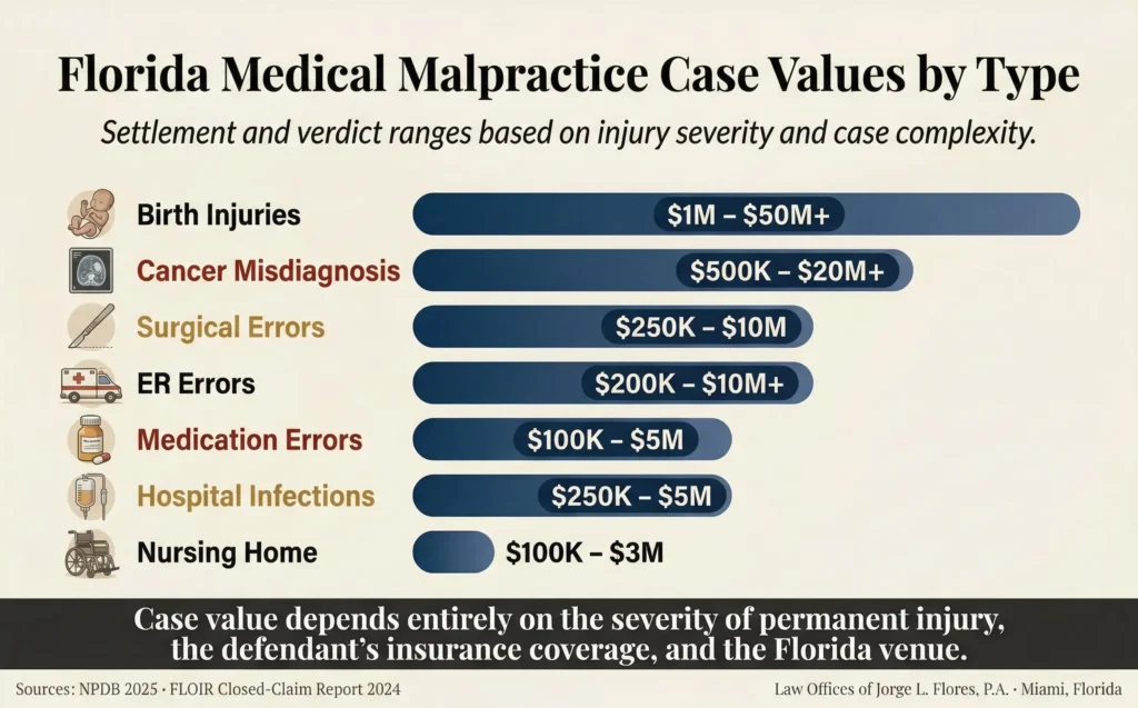 Bar chart comparing typical Florida medical malpractice case value ranges by type of malpractice; from nursing home negligence at $100K to $3M through birth injuries at $1M to $50M or more; illustrating the wide variation in case value depending on the type and severity of the medical error; Law Offices of Jorge L. Flores, P.A.