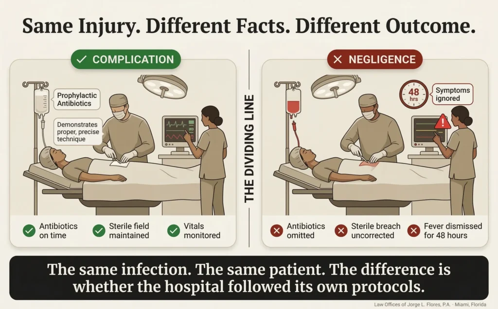 Illustrated split screen infographic showing how the same medical event can be classified as either a legitimate complication or actionable negligence depending on whether the provider followed standard protocols; Law Offices of Jorge L. Flores, P.A., Miami, Florida.