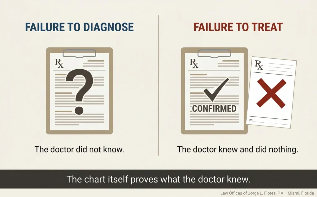 Medical illustration showing the critical legal distinction between failure to diagnose and failure to treat in Florida malpractice law; on the left side, a physician fails to identify a condition from symptoms representing a failure of knowledge; on the right side, a physician holds a chart showing a confirmed diagnosis but takes no therapeutic action representing a failure of execution; Law Offices of Jorge L. Flores, P.A., Miami, Florida.