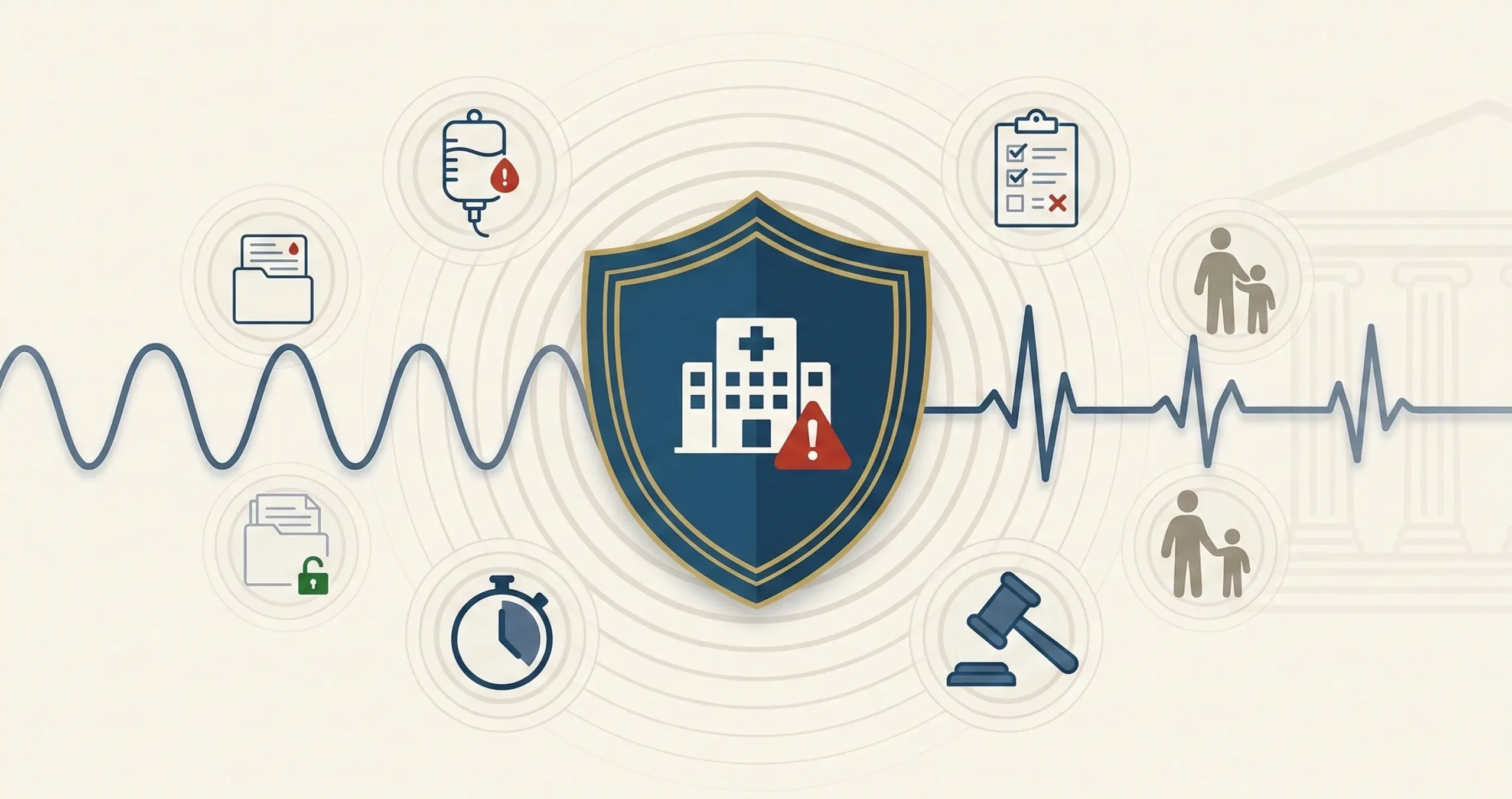 Hospital negligence attorney Florida illustration showing institutional accountability with medical safety and legal icons surrounding a protective shield with warning indicators