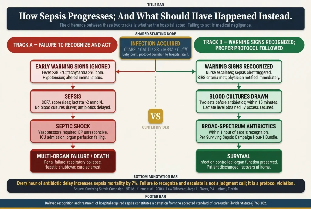 Dual track flowchart showing how untreated hospital acquired sepsis progresses to multi organ failure versus the proper recognition and antibiotic protocol that leads to patient survival; Law Offices of Jorge L. Flores, P.A., Miami, Florida.