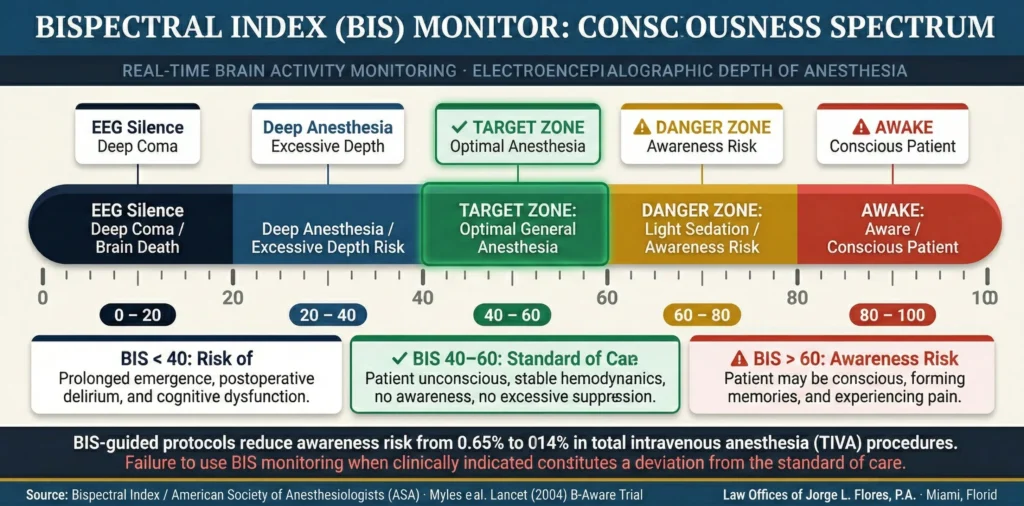 Bispectral Index monitor scale showing the consciousness spectrum from 0 to 100, with the target anesthesia zone highlighted between 40 and 60, and danger zones for awareness above 60 and excessive depth below 40