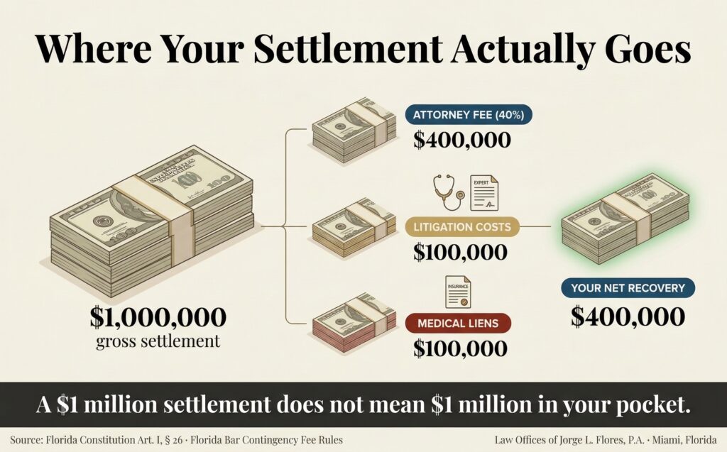 Data visualization showing how a gross medical malpractice settlement in Florida is reduced by the attorney contingency fee, advanced litigation costs, and medical liens to produce the patient's actual net recovery; illustrating that a one million dollar settlement yields approximately four hundred thousand dollars to the patient; Law Offices of Jorge L. Flores, P.A.